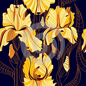 Seamless floral pattern with spring flowers. Vector background with yellow irises.