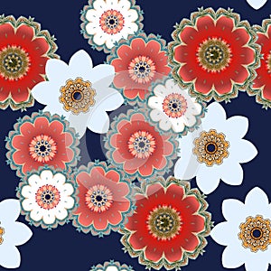 Seamless floral pattern with stylized daisies, poppies and daffodils flowers.