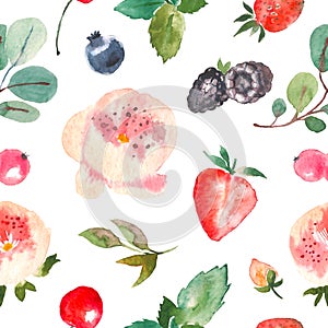Seamless floral pattern for textiles, packaging, Wallpaper, covers. Watercolor floral background hand drawn with berries