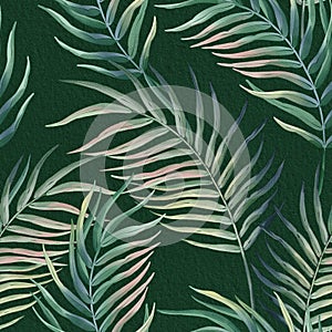 Seamless floral pattern with tropical palm leaves hand-drawn painted in watercolor style.