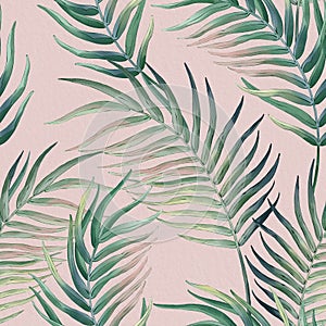 Seamless floral pattern with tropical palm leaves hand-drawn painted in watercolor style.