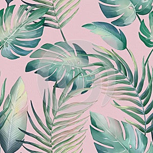 Seamless floral pattern with tropical palm leaves hand-drawn painted in watercolor style.