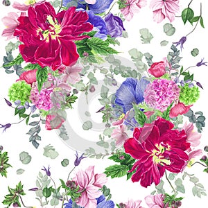 Seamless floral pattern with tulips, anemones, hydrangea, eucalyptus and leaves, watercolor painting.