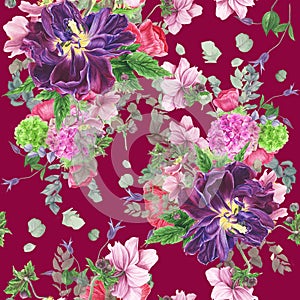 Seamless floral pattern with tulips, anemones, hydrangea, eucalyptus and leaves, watercolor painting.