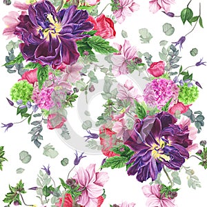 Seamless floral pattern with tulips, anemones, hydrangea, eucalyptus and leaves, watercolor painting.