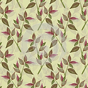Seamless floral pattern with twigs with leaves on a beige background