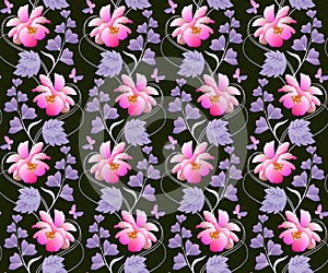 Seamless floral pattern in vector. Pink cosmos and lilac bell flowers on black background. Vertical garlands with purple leaves