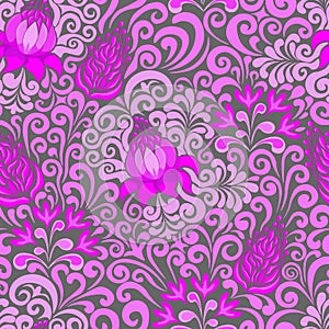 Seamless floral pattern  vector. Purple and pink flowers on grey background.