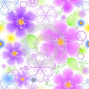 Seamless floral pattern vector. Romantic background with pink and blue, lilac flowers.