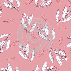 Seamless floral pattern. Vector tropical print. Memphis colorful template on pastel pink background. Hand drawn white, blue and