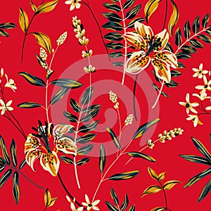 Seamless floral pattern, vintage abstract botanical design with tropical flowers, leaves on red. Vector print.