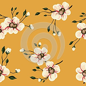 Seamless floral pattern, vintage ditsy print with falling flowers branches in autumn colors. Vector.