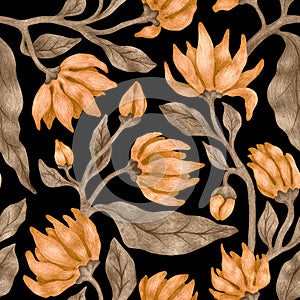 Seamless floral pattern. Vintage print for textiles. Branches with flowers are drawn on paper with a graphite pencil