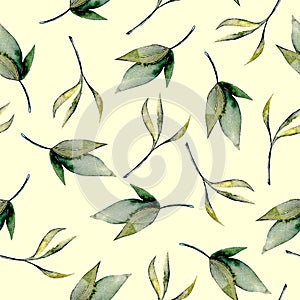 Seamless floral pattern with watercolor green leaves and branches