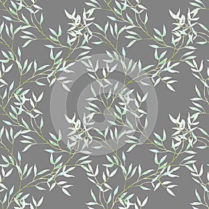Seamless floral pattern with watercolor green tree branches