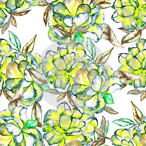 A seamless floral pattern with the watercolor green and yellow exotic flowers and brown leaves