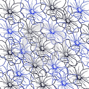 Seamless floral pattern with watercolor hand-draw blue and black flowers on the branches with painted with blots
