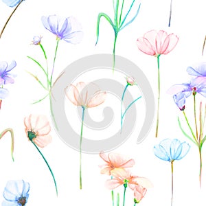 A seamless floral pattern with watercolor hand-drawn tender pink and purple cosmos flowers