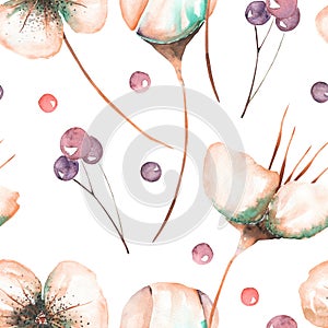 Seamless floral pattern with the watercolor pink abstract flowers and berries