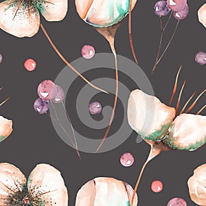 Seamless floral pattern with the watercolor pink abstract flowers and berries