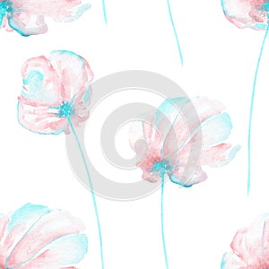 Seamless floral pattern with the watercolor pink and mint air flowers