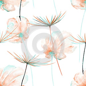 Seamless floral pattern with the watercolor pink and mint air flowers and dandelion fuzzies