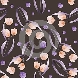 Seamless floral pattern with the watercolor simple pink abstract flowers