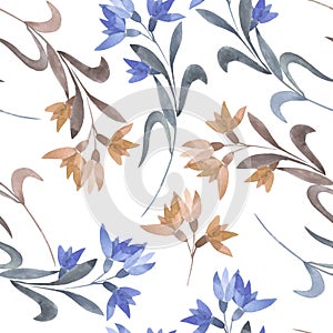 Seamless floral pattern with the watercolor simple pink and blue abstract flowers