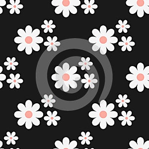 Seamless floral pattern. White flowers on a black background.