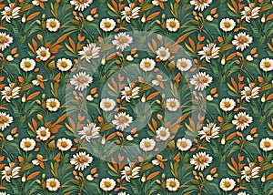 seamless floral pattern, white floral pattern with orange or green leaves and green background