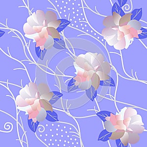 Seamless floral pattern with white rose flowers and abstract branches on gentle lilac background in vector. Print for fabric