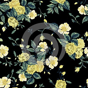 Seamless floral pattern with yellow and white roses on black background