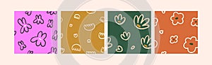 Seamless floral patterns set. Naive doodle simple flowers prints, childish backgrounds designs. Repeating nature