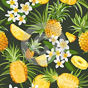 Seamless Floral Pineapple Vector Pattern, Plumeria Flowers Tropical Background, Palm Leaves, Fruit Texture