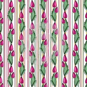 Seamless floral print, vertical borders from bright magenta tulip buds, green leaves, white background with colored stripes