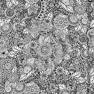 Seamless floral retro doodle black and white