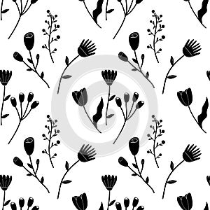 Seamless floral spring flowers silhouettes black white. Vector illustration. For your design, wrapping paper, fabric.