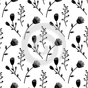 Seamless floral spring flowers silhouettes black white. Vector illustration. For your design, wrapping paper, fabric.