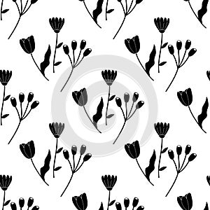 Seamless floral spring flowers silhouettes black white. Vector illustration. For your design, wrapping paper, fabric.