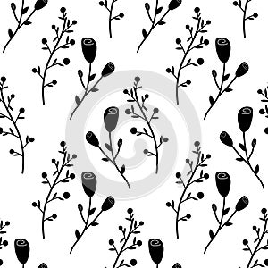 Seamless floral spring flowers silhouettes black white. Vector illustration. For your design, wrapping paper, fabric.