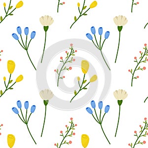 Seamless floral spring flowers white blue.Vector illustration. For your design, wrapping paper, fabric.