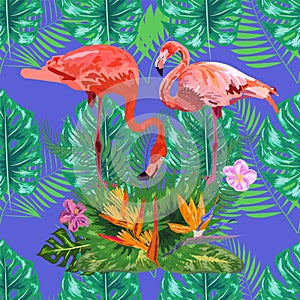Seamless floral summer pattern background with tropical palm leaves, flamingo, hibiscus