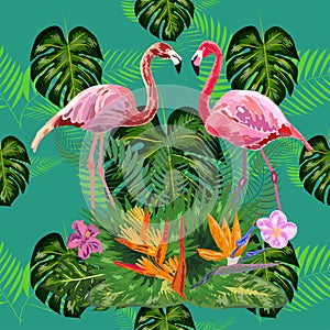 Seamless floral summer pattern background with tropical palm leaves, flamingo, hibiscus