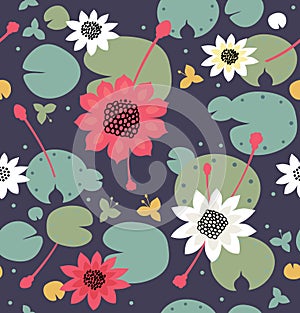 Seamless floral texture with flowers, water lilies, lotus, nature stylish pattern.