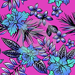 Seamless floral tropical pattern with orchids and plumeria