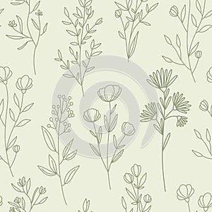 Seamless floral vector pattern, elegant branches and wildflowers in minimal style background