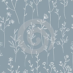 Seamless floral vector pattern, elegant branches and wildflowers in minimal style background