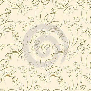 Seamless floral vector pattern with insect. Decorative pastel beige background with butterflies, roses and decorative elements .