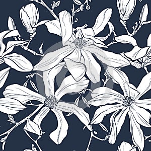 Seamless floral vector pattern with magnolia blossom. Vintage stylized.