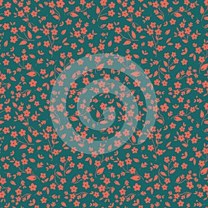 Seamless floral vector pattern orange pinkish small flowers on dark green background, ditzy, millefleurs, fabric